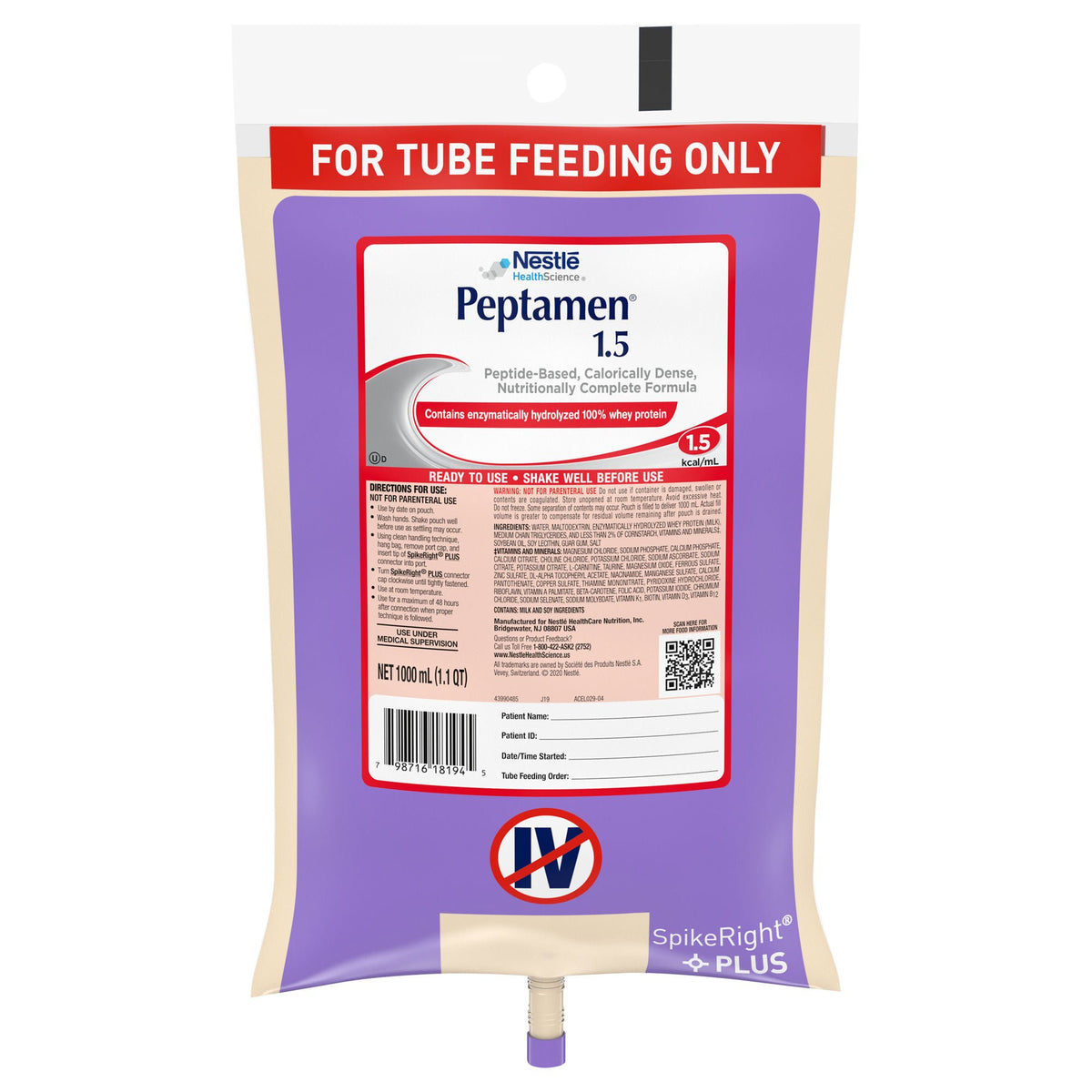 Peptamen® 1.5 Peptide-Based Nutritionally Complete Formula, 1 Liter Bag, 6/Cs