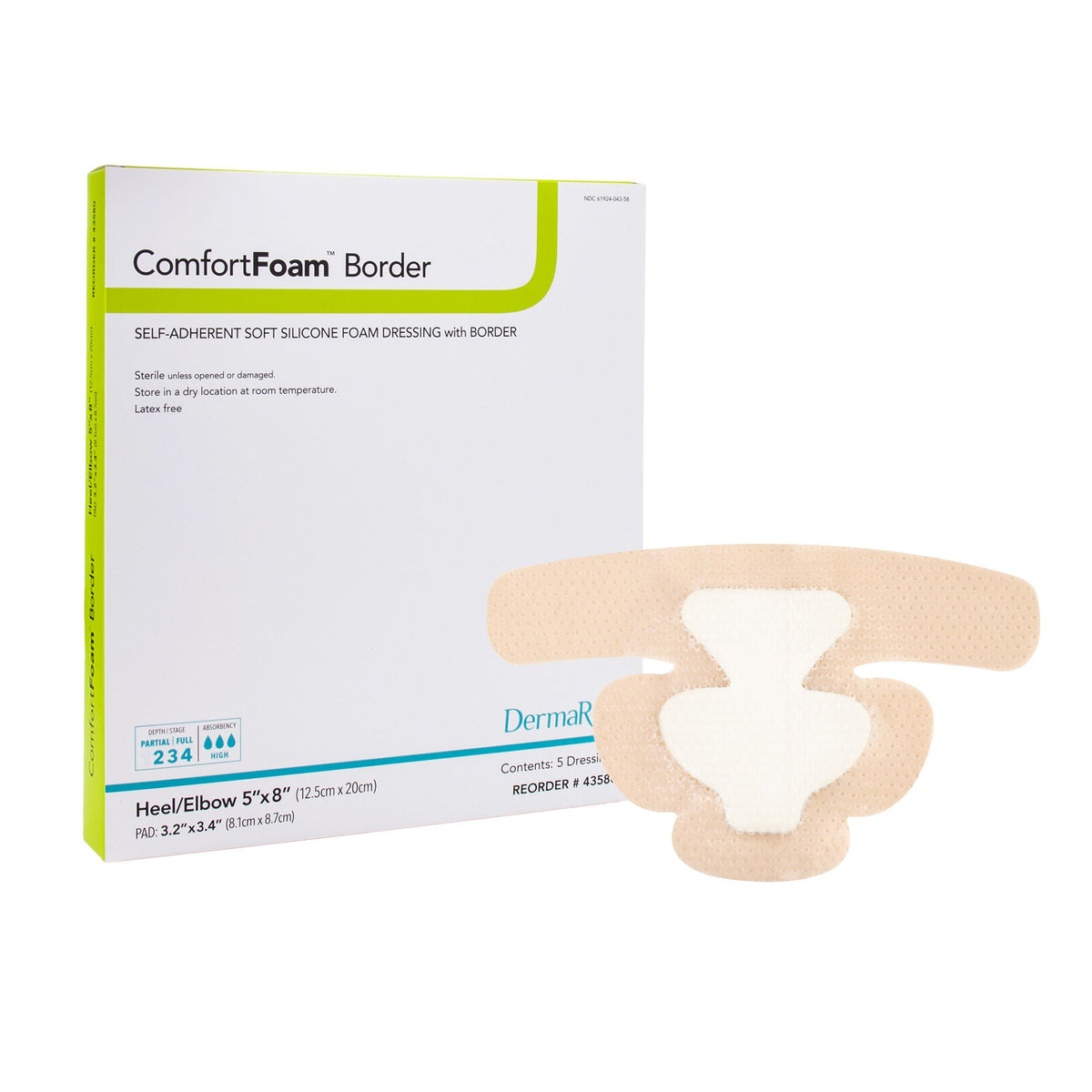 Comfortfoam™ Bordered Foam Wound Dressing W/ Soft Silicone Adhesive, 5 X 8 Inch, 5/Bx