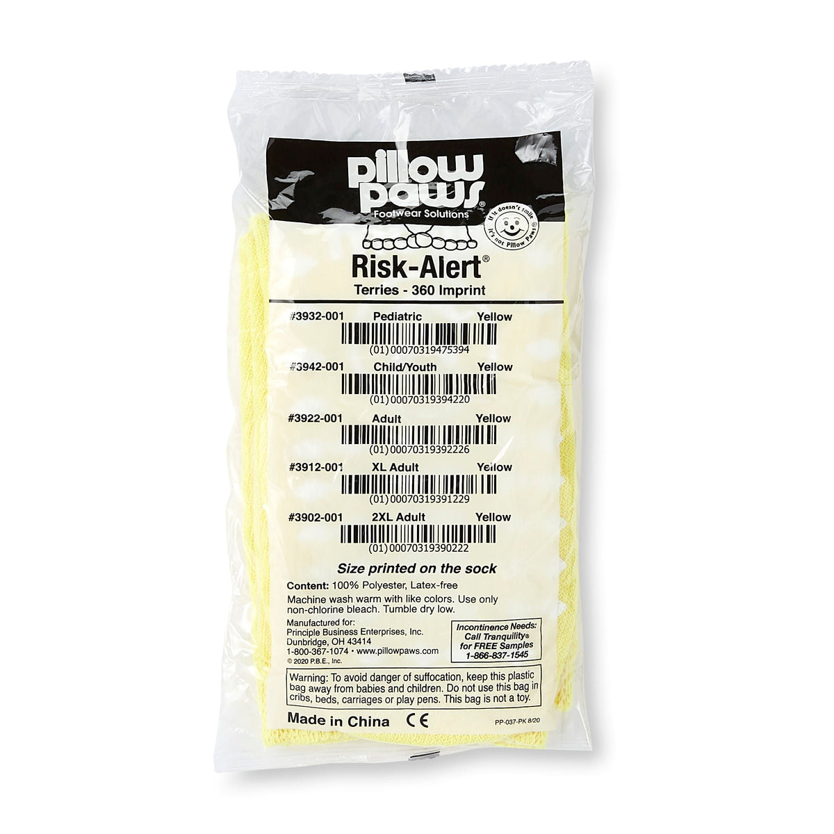 Pillow Paws® Risk Alert® Terries™ Slipper Socks, Extra Large, Pale Yellow, 48/CS