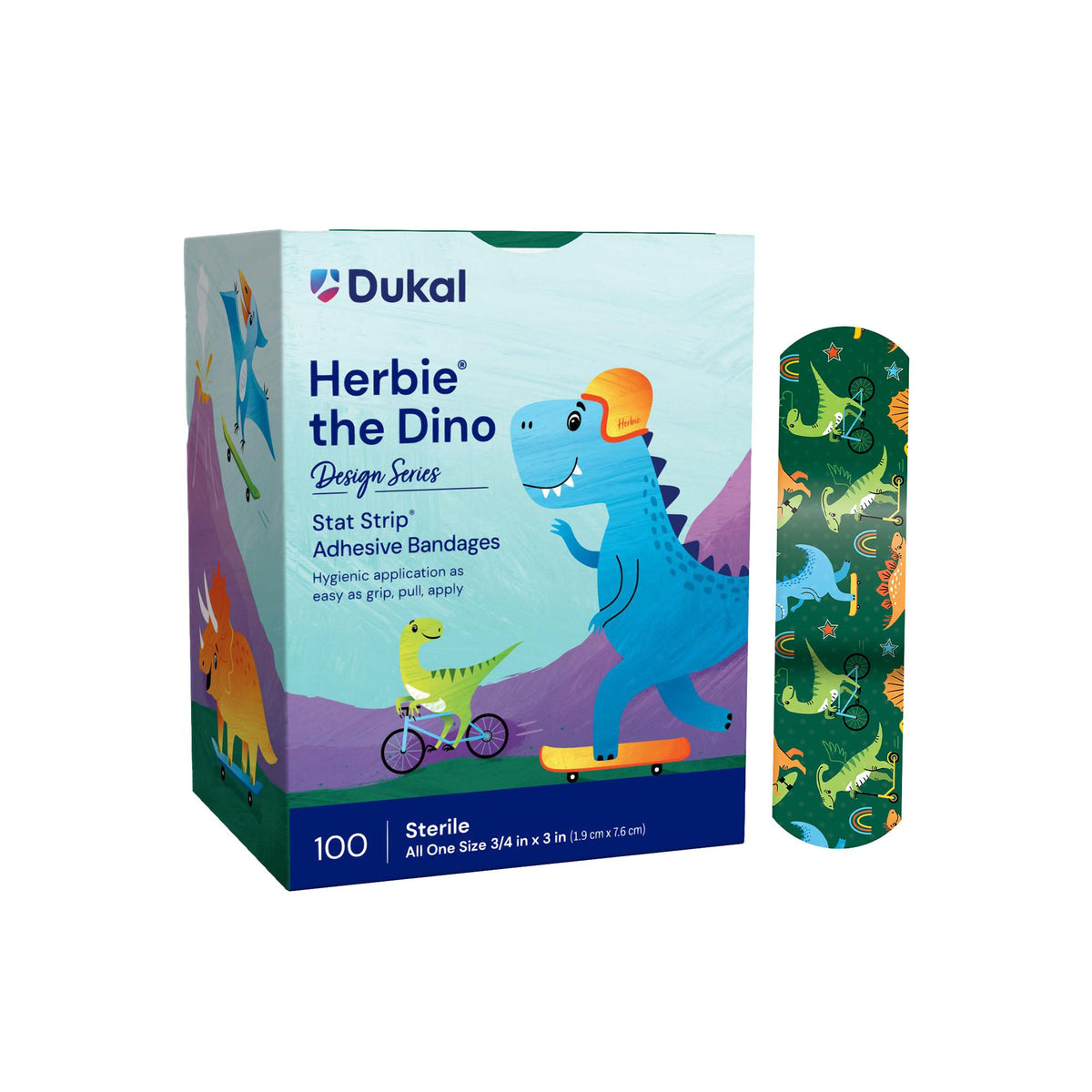 American® White Cross Stat Strip® Kid Design Herbie The Dinosaur Adhesive Strip, 1200/Cs