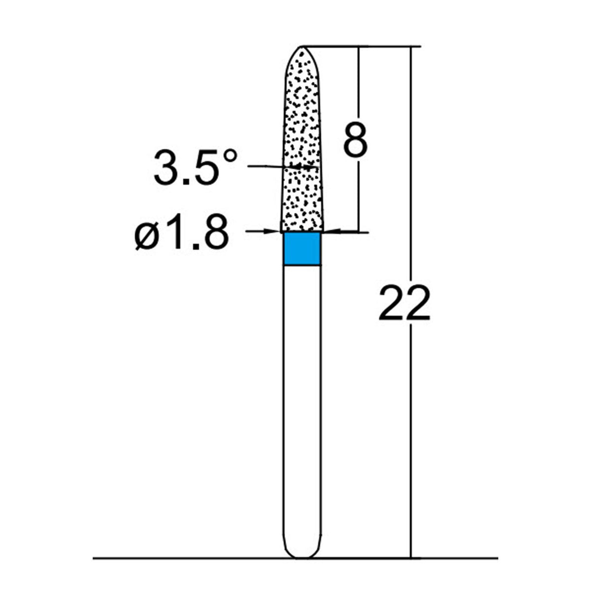 Torpedo, Conical 1.8 mm Dia. Medium Grit Diamond Bur 5 per pack. 294.18M2 - Osung USA