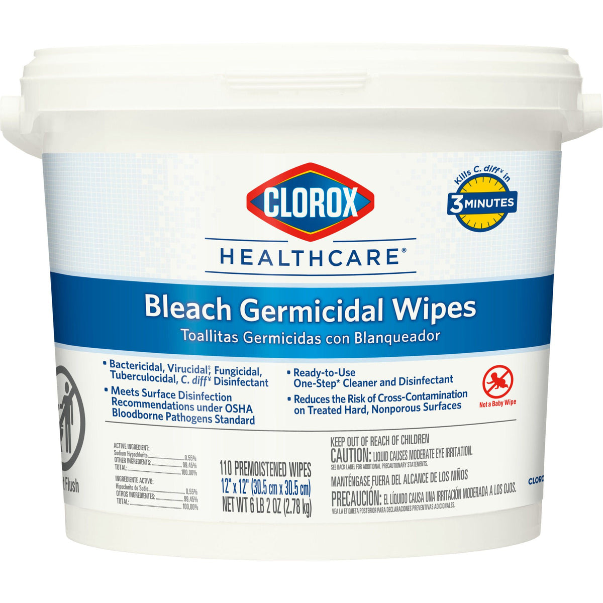 Clorox Healthcare® Bleach Germicidal Wipes, Bucket, 110 Ct., 1/Bx