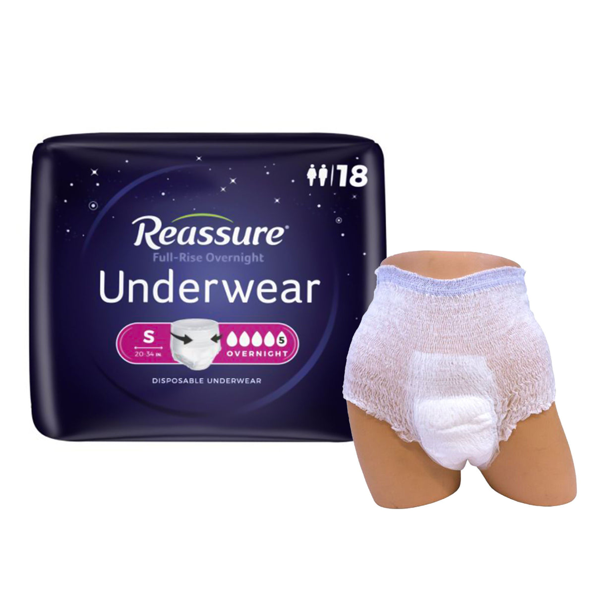 Reassure® Full-Rise Overnight Absorbent Underwear, Heavy Absorbency, Small, 72/Cs