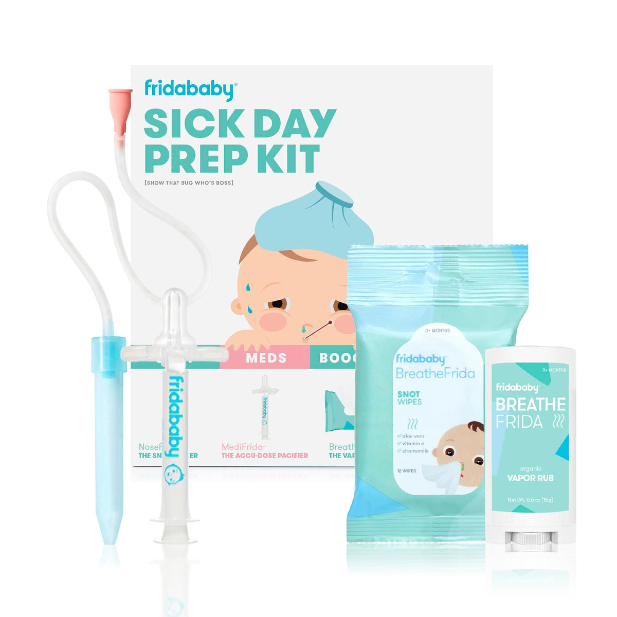 Frida Baby Sick Day Prep Kit, Nosefrida + Filters, Accu-Dose, Wipes & Vapor Rub, 1/Kt