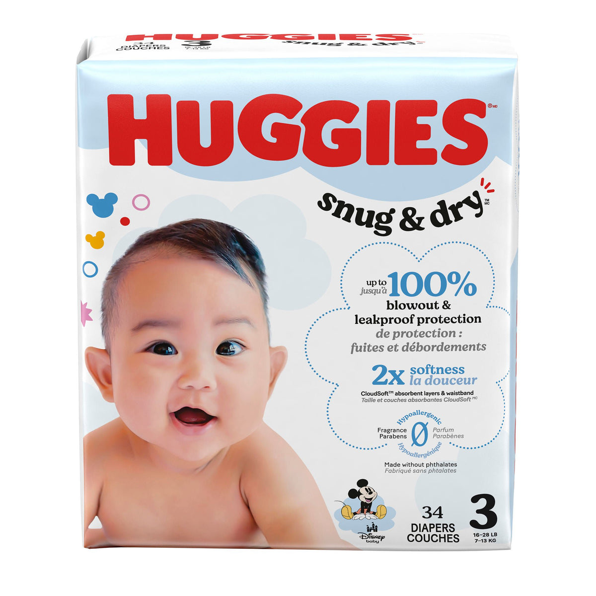 DIAPER, HUGGIES SNUG&DRY JUMBOPK SZ3 (34/PK 4PK/CS), 136/CS