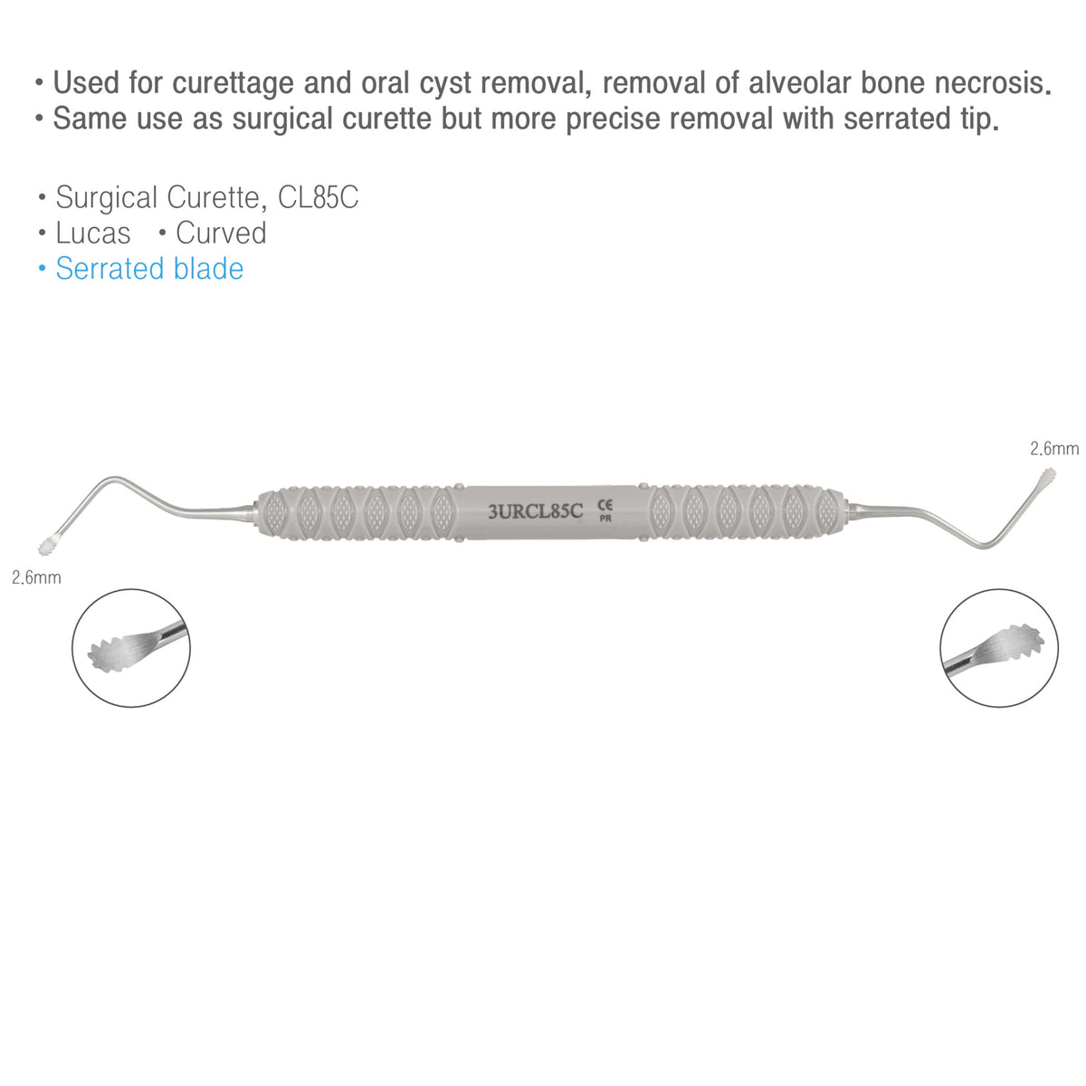 Osung 85C Serrated Lucas Surgical Curette 2.6mm Curved -3URCL85C - Osung USA