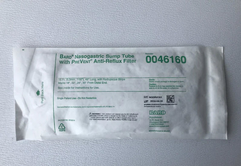 Bard Nasogastric Tubes. Tube With Prevent® Anti-Reflux Filter, 16Fr, 48", 50/Cs, Case - 0046160 - BriteSources