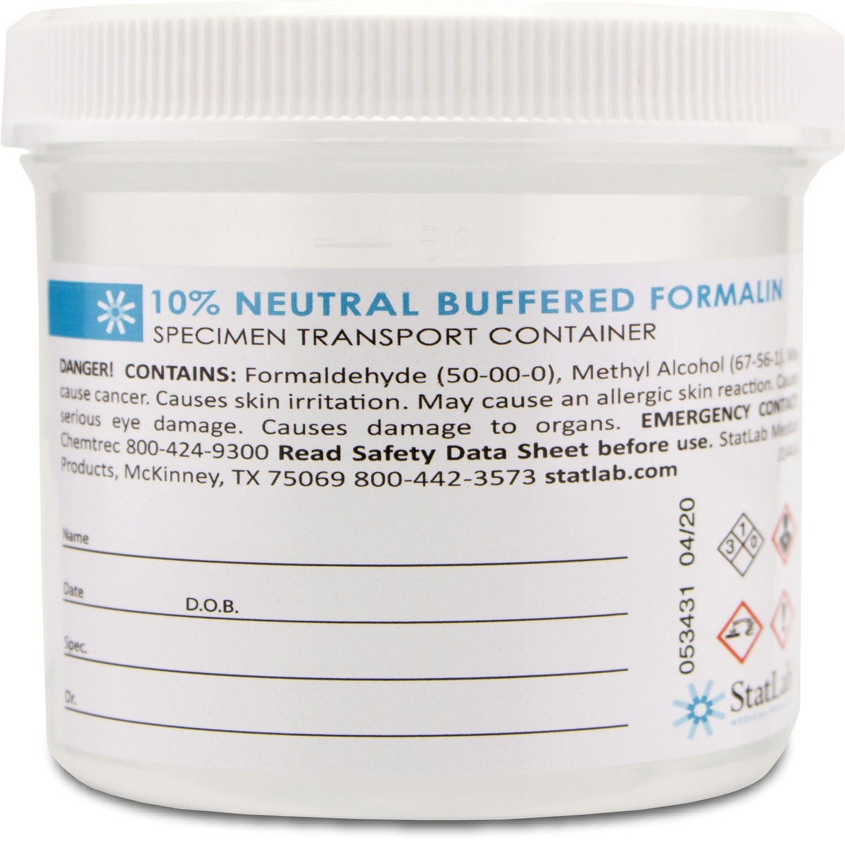 StatLab Prefilled Formalin Container, 90 mL Fill in 180 mL, 50/CS