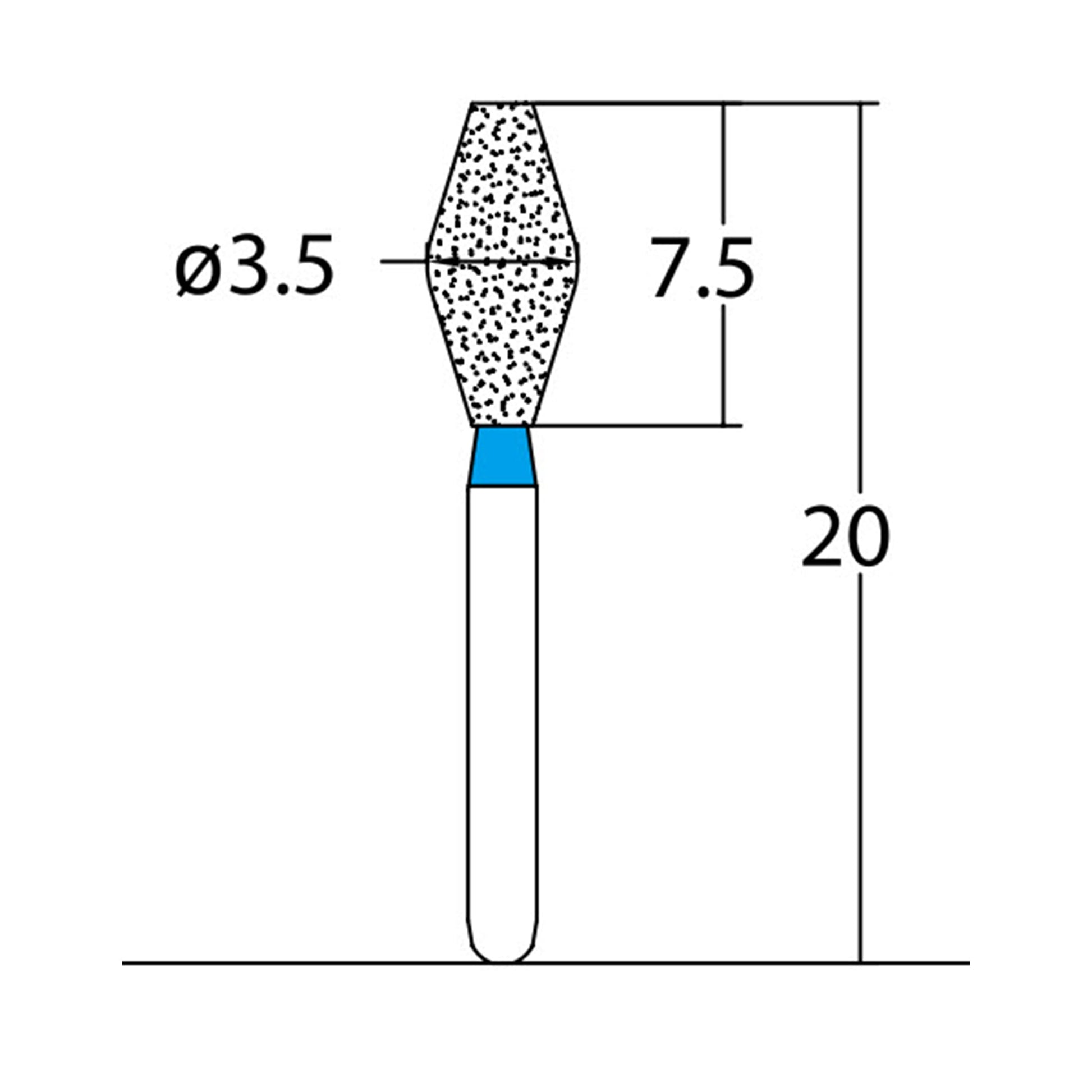 Double Conical, Symmetrical, Short 3.5 mm Dia. Medium Grit Diamond Bur 5 per pack. 037.35M1 - Osung USA