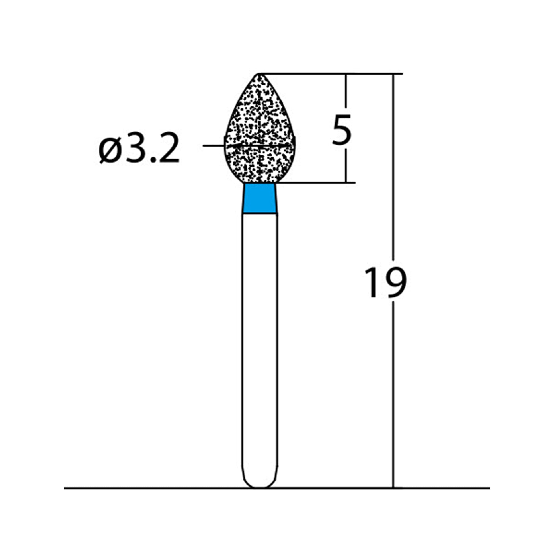 Bud, Slender 3.2 mm Dia. Medium Grit Diamond Bur 5 per pack. 257.32M1 - Osung USA