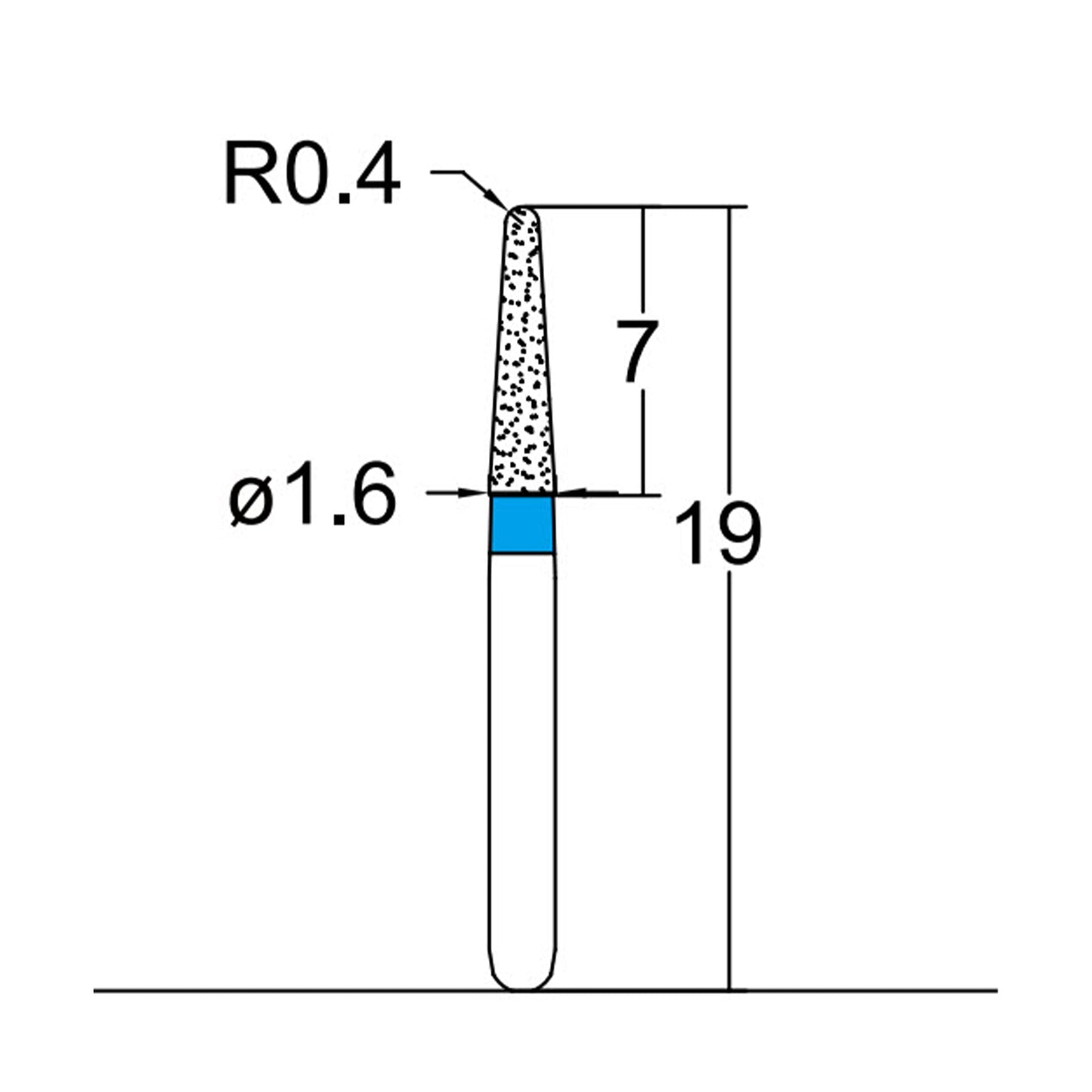 Conical, Dome End 1.6 mm Dia. Medium Grit Diamond Bur 5 per pack. 194.16M1S - Osung USA