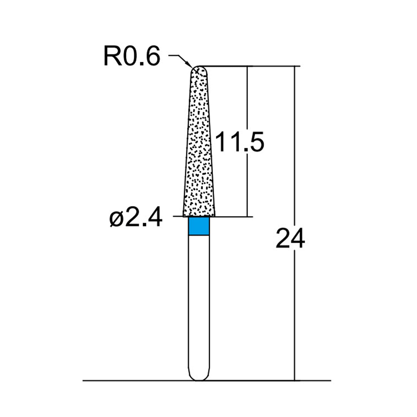 Conical, Dome End 2.4 mm Dia. Medium Grit Diamond Bur 5 per pack. 194.24M1 - Osung USA