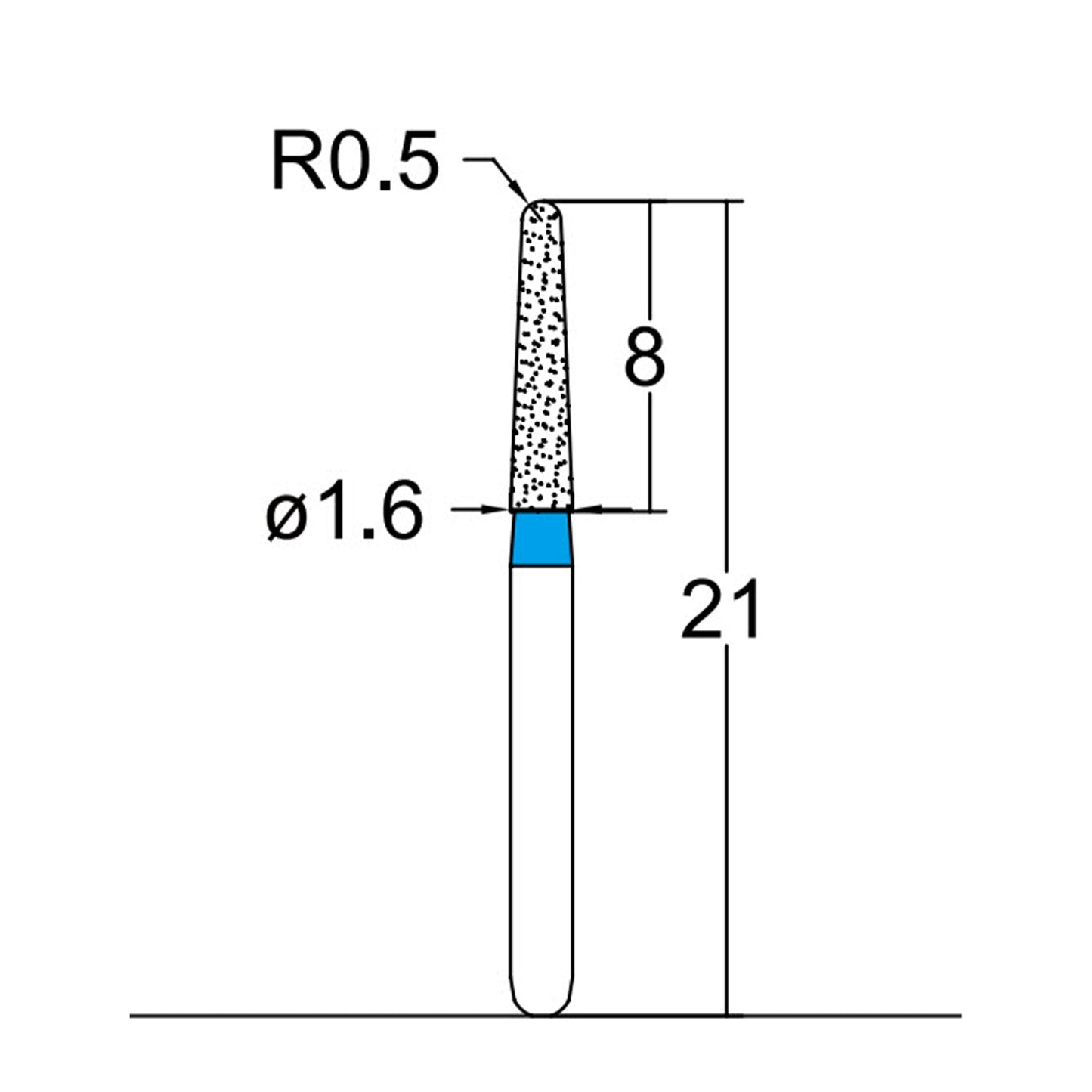 Conical, Dome End 1.6 mm Dia. Medium Grit Diamond Bur 5 per pack. 194.16M2 - Osung USA