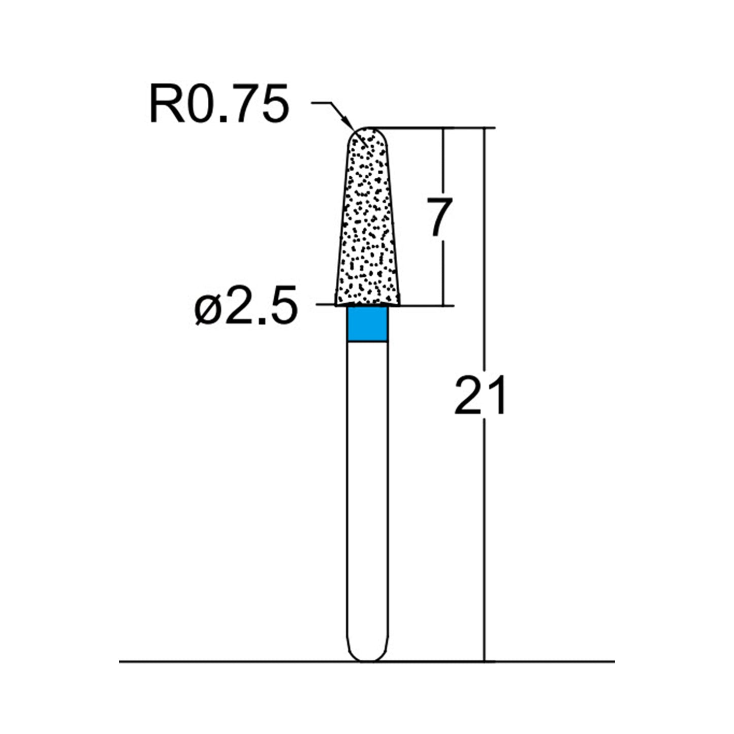 Conical, Dome End 2.5 mm Dia. Medium Grit Diamond Bur 5 per pack. 194.25M1 - Osung USA