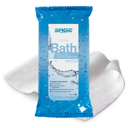 Sage Products Essential Bath Rinse-Free Wipes, Medium Weight, Soft Pack, 60/Cs