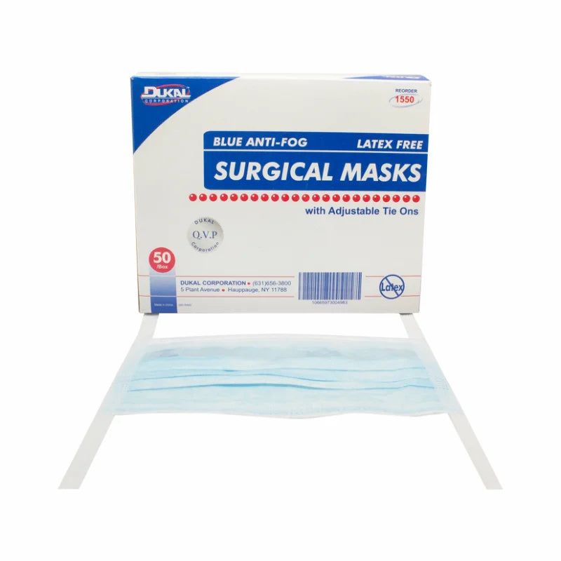 DUKAL SURGICAL FACE MASKS. FACE MASK, TIE, ANTI-FOG, 3-PLY, BLUE, 50/BX, 6 BX/CS. MASK SURGICAL ANTIFOG TIE BLU50/BX 6BX/CS, CASE - BriteSources