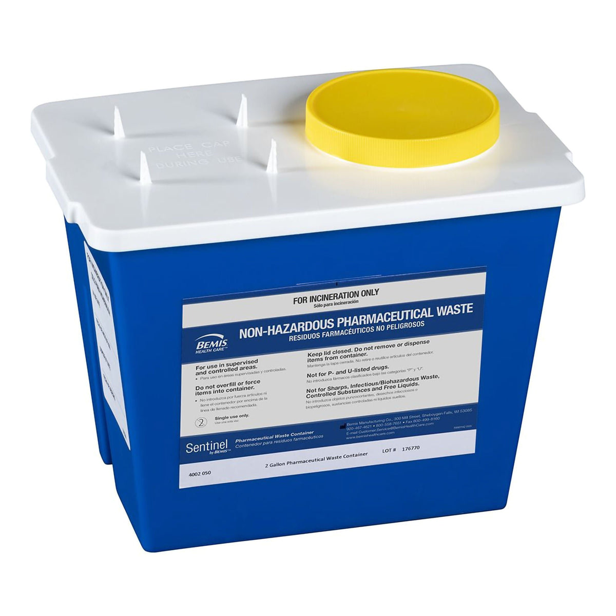 Bemis™ Sentinel Pharmaceutical Waste Container, 2 Gallon, 7.75 x 9 x 11.63 Inch, 30/CS