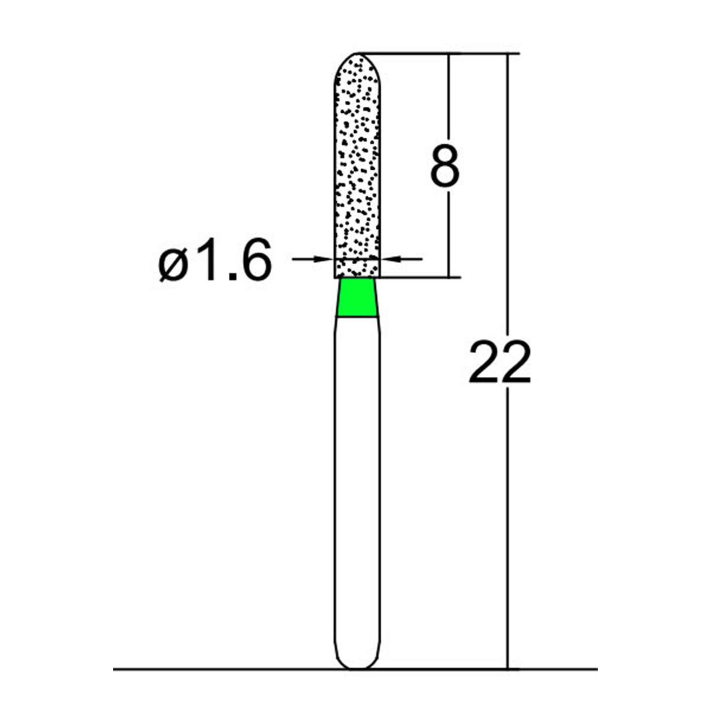 Torpedo, Cylindrical 1.6 mm Dia. Coarse Grit Diamond Bur 5 per pack. 284.16C1 - Osung USA