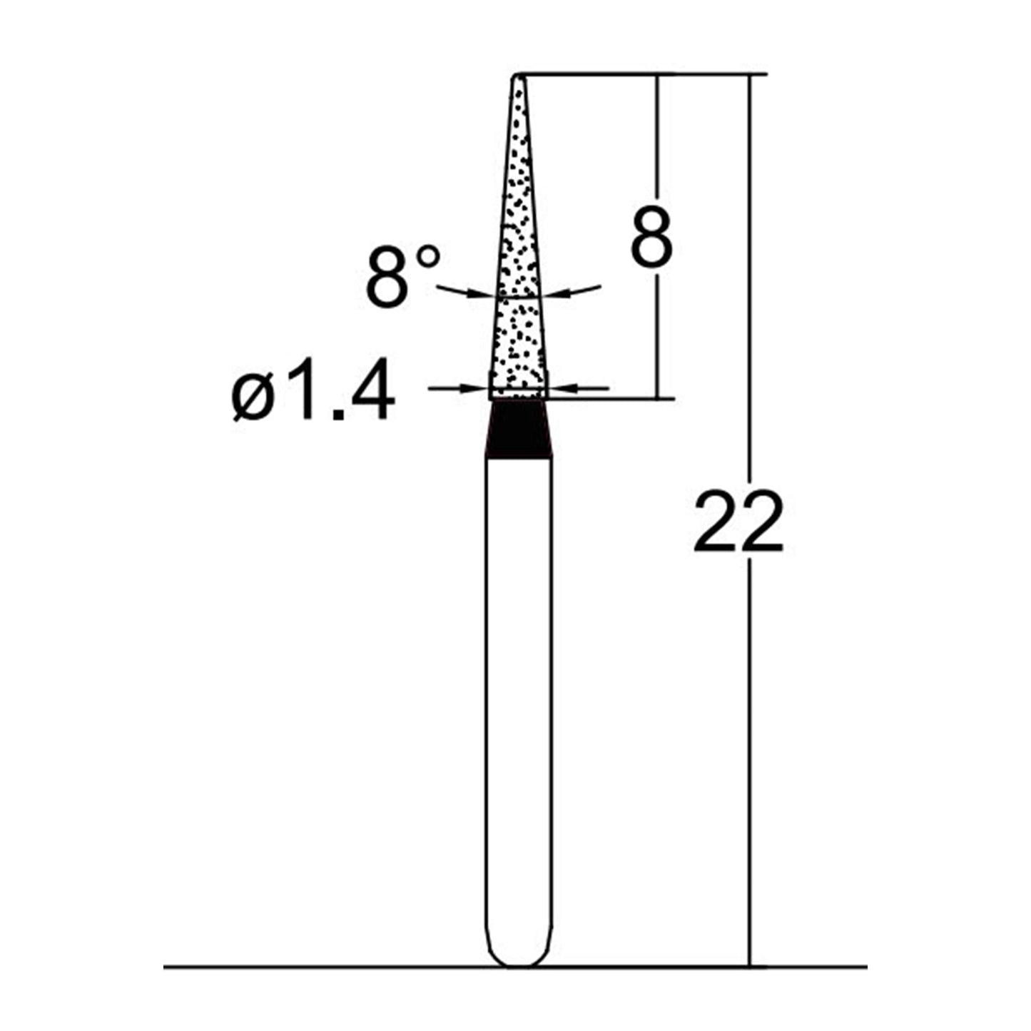 Conical Pointed, Slender 1.4 mm Dia. Extra Coarse Grit Diamond Bur 5 per pack. 164.14EC1 - Osung USA