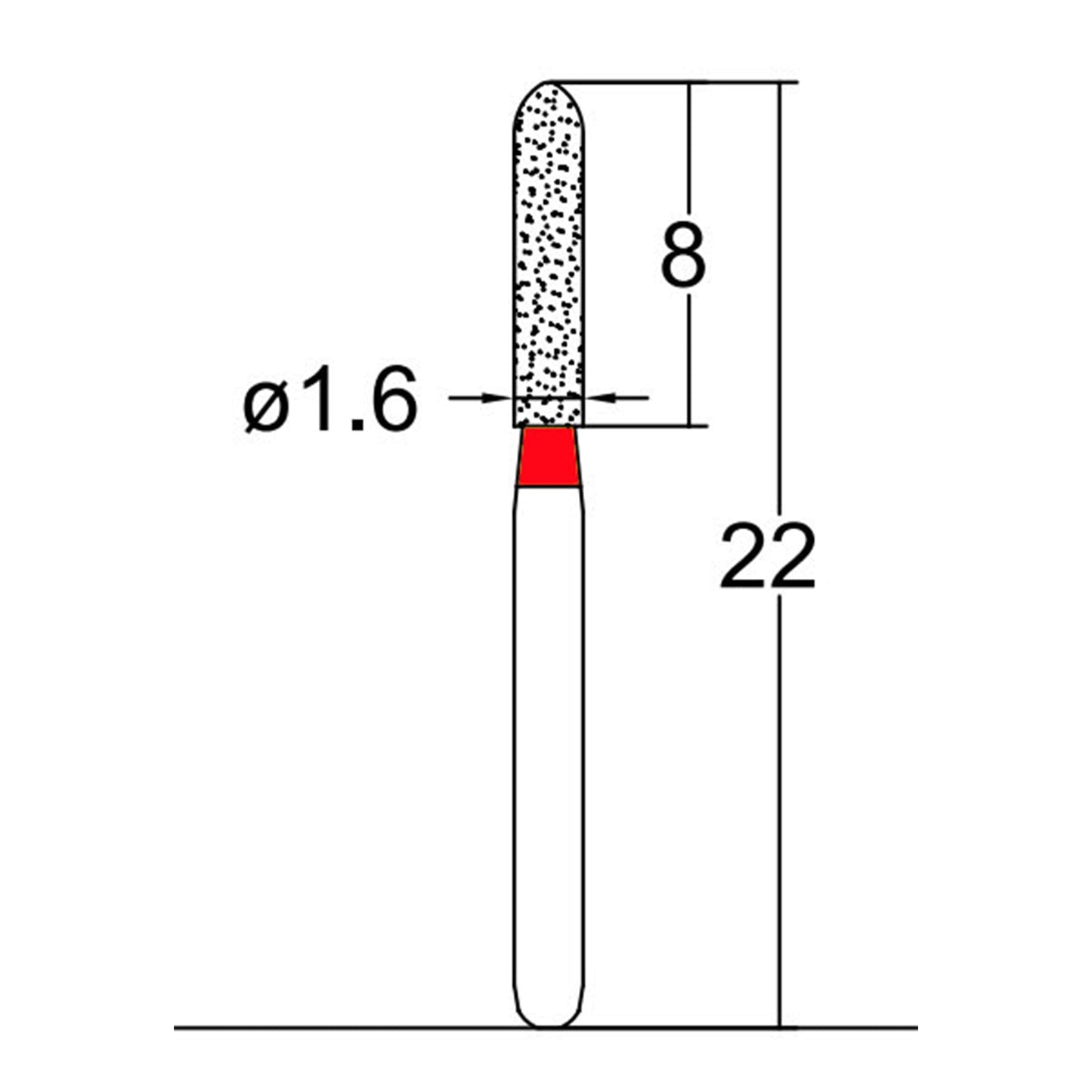 Torpedo, Cylindrical 1.6 mm Dia. Fine Grit Diamond Bur 5 per pack. 284.16F1 - Osung USA