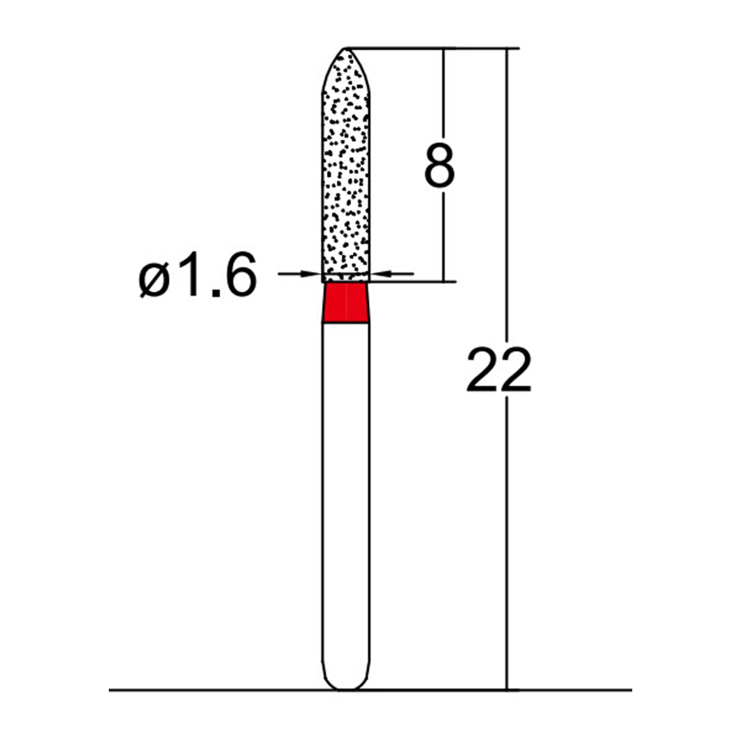 Torpedo, Cylindrical 1.6 mm Dia. Fine Grit Diamond Bur 5 per pack. 284.16F2 - Osung USA