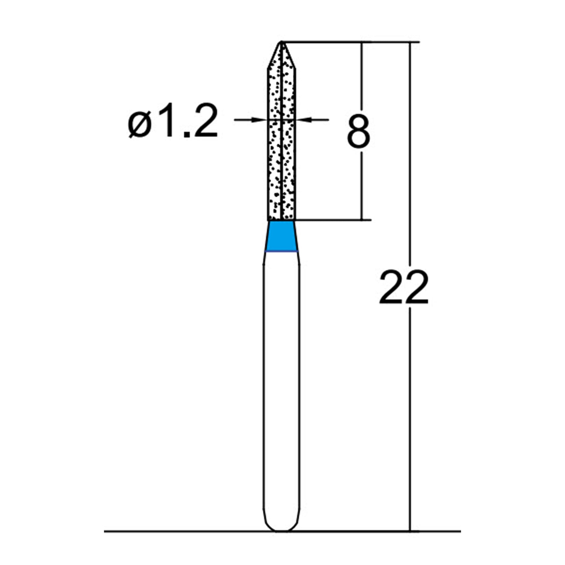 Cylindrical, Pointed End 1.2 mm Dia. Medium Grit Diamond Bur 5 per pack. 126.12M2 - Osung USA