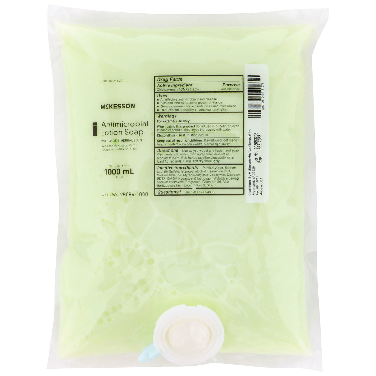 McKesson Antimicrobial Lotion Soap, Herbal Scent, With Aloe, 1,000 mL Refill Bag, 10/CS