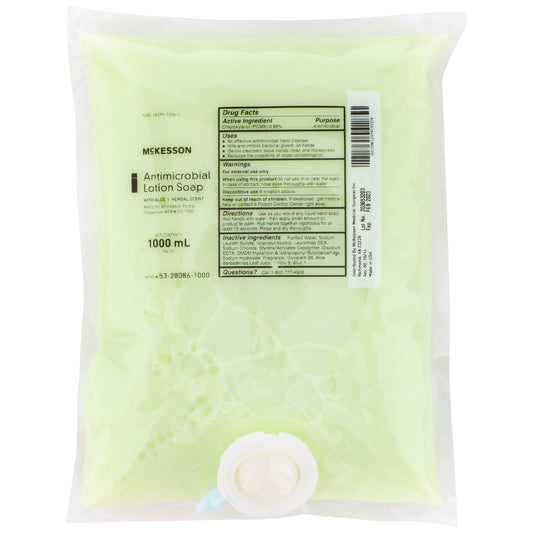 McKesson Antimicrobial Lotion Soap, Herbal Scent, With Aloe, 1,000 mL Refill Bag, 10/CS