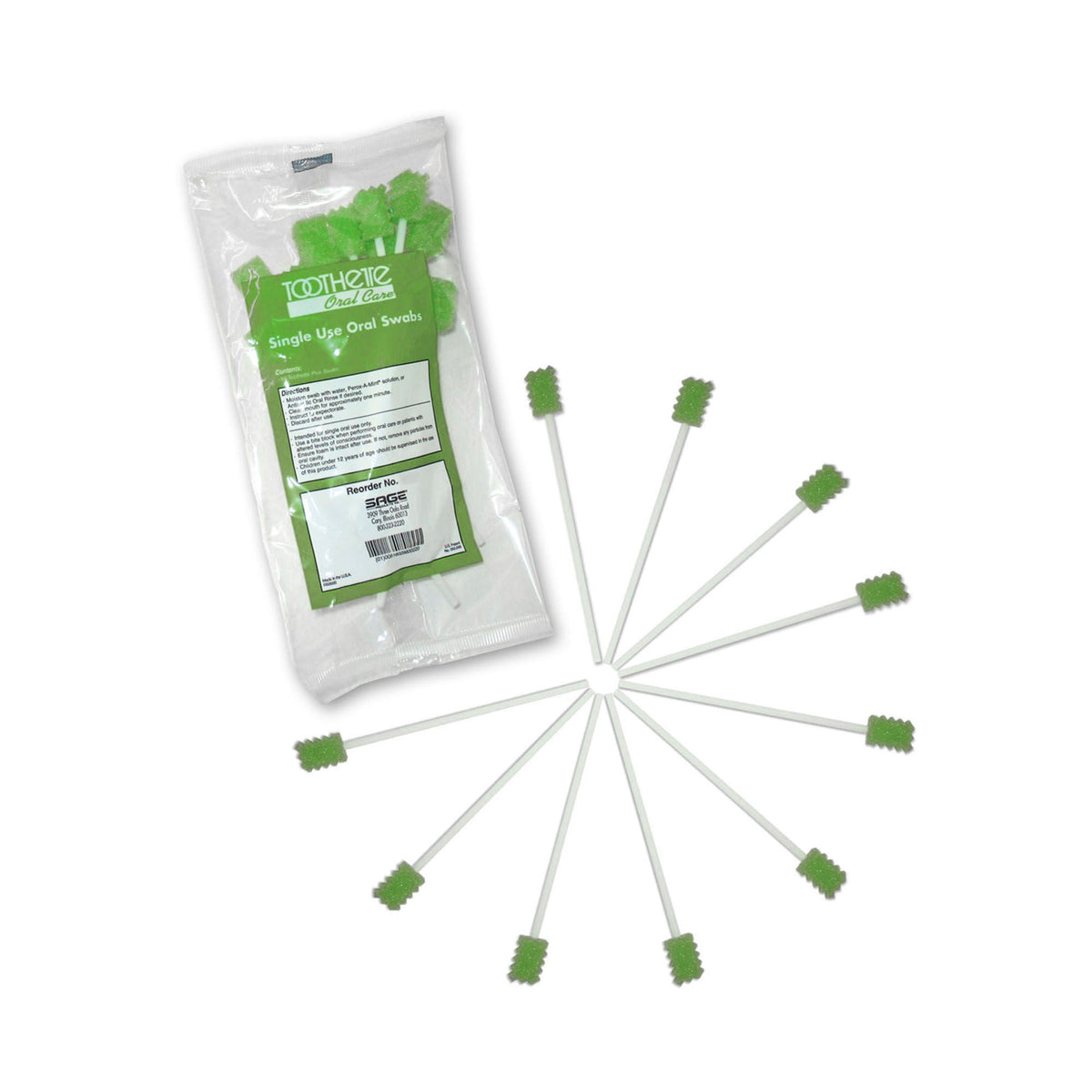Toothette® Plus Oral Swabsticks Foam Tip, Green, 6 Inch, 800/CS