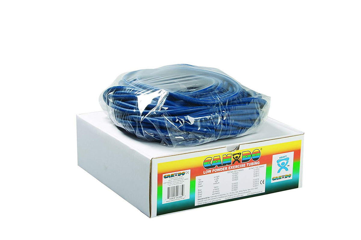 CanDo® Low Powder Exercise Resistance Tubing, Blue, 100', Heavy Resistance, 1/EA