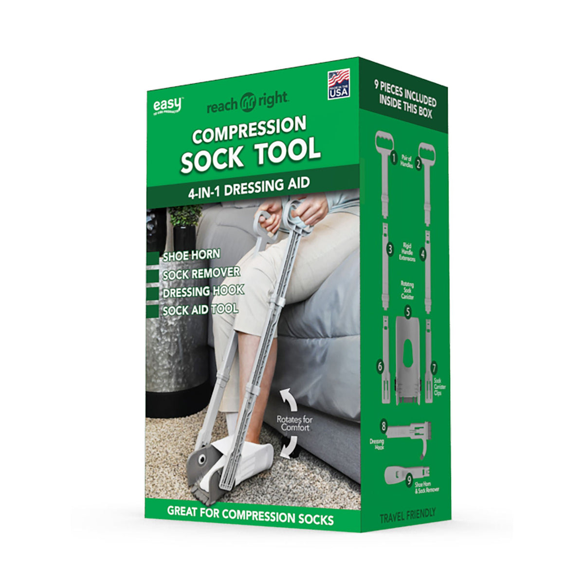 Reach Right Compression Sock Aid Device, Long Shoe Horn, Dressing Hook, 8/Cs