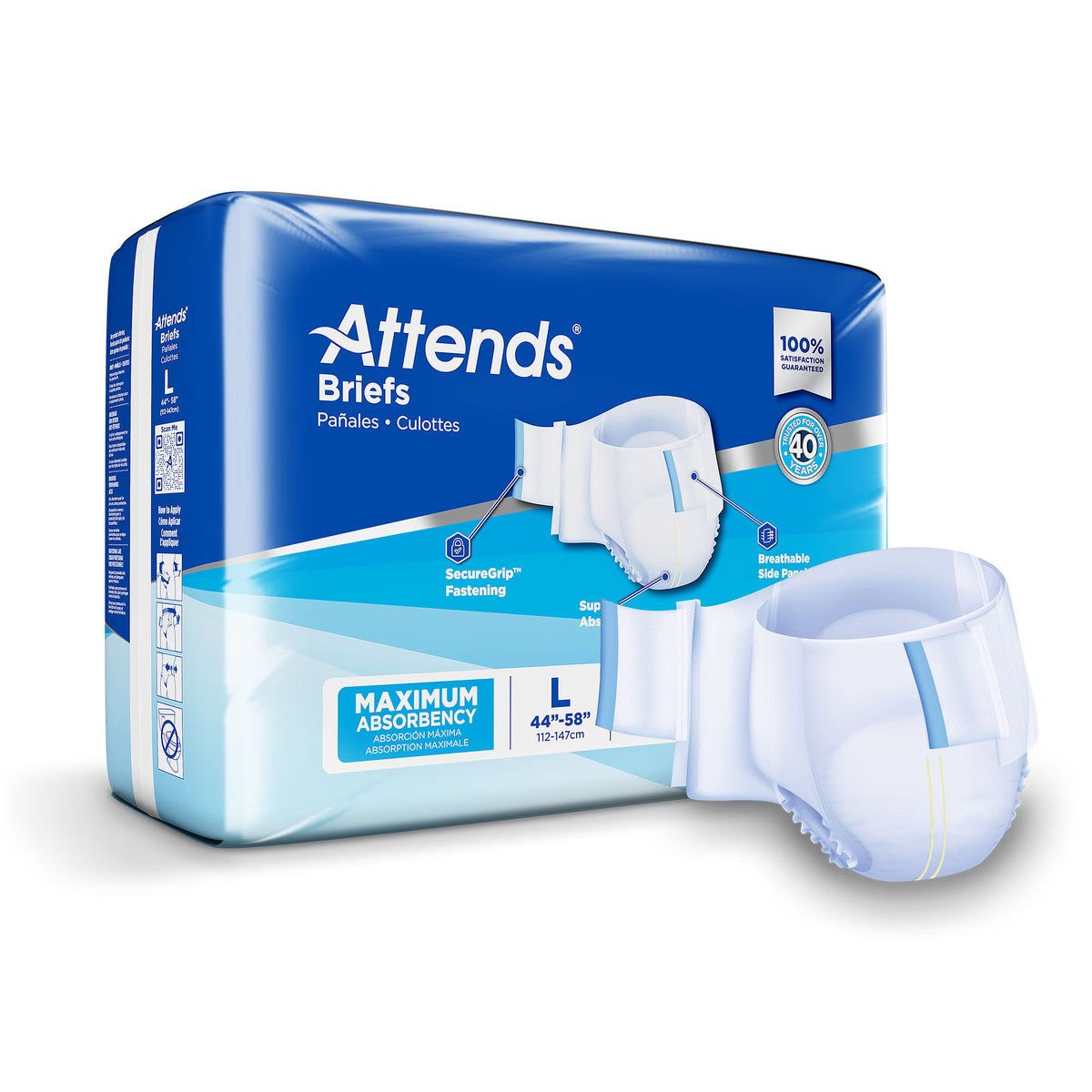 Attends® Briefs, Adult, Large, Heavy Absorbency, Disposable, 72/Cs