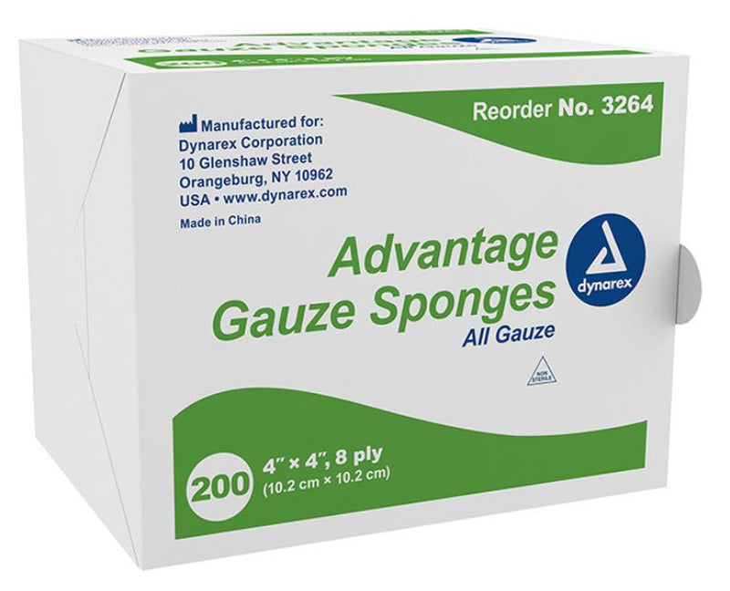 Dynarex Gauze Sponges Gauze Sponge, 4" X 4", Advantage, 8-Ply, Non-Sterile, 200/Bg, 20 Bg/Cs -3264