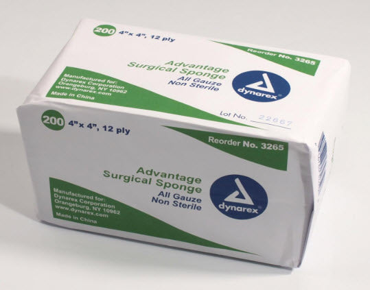 Dynarex Gauze Sponges Gauze Sponge, 4" X 4", Advantage, 12-Ply, Non-Sterile, 200/Bg, 10 Bg/Cs -3265
