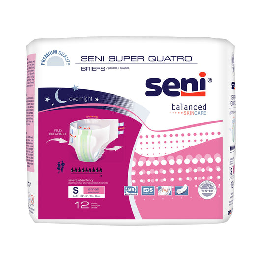 Seni® Super Quatro Severe Absorbency Incontinence Brief, Small, 12/Pk