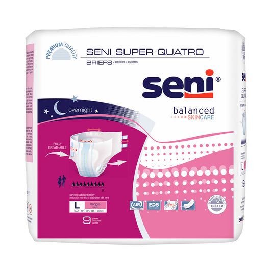 Seni® Super Quatro Severe Absorbency Incontinence Brief, Large, 9/Pk