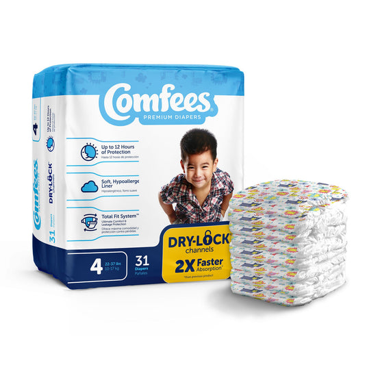 Attends Comfees Premium Baby Diapers, Tab Closure, Kid Design, Size 4, 124/CS