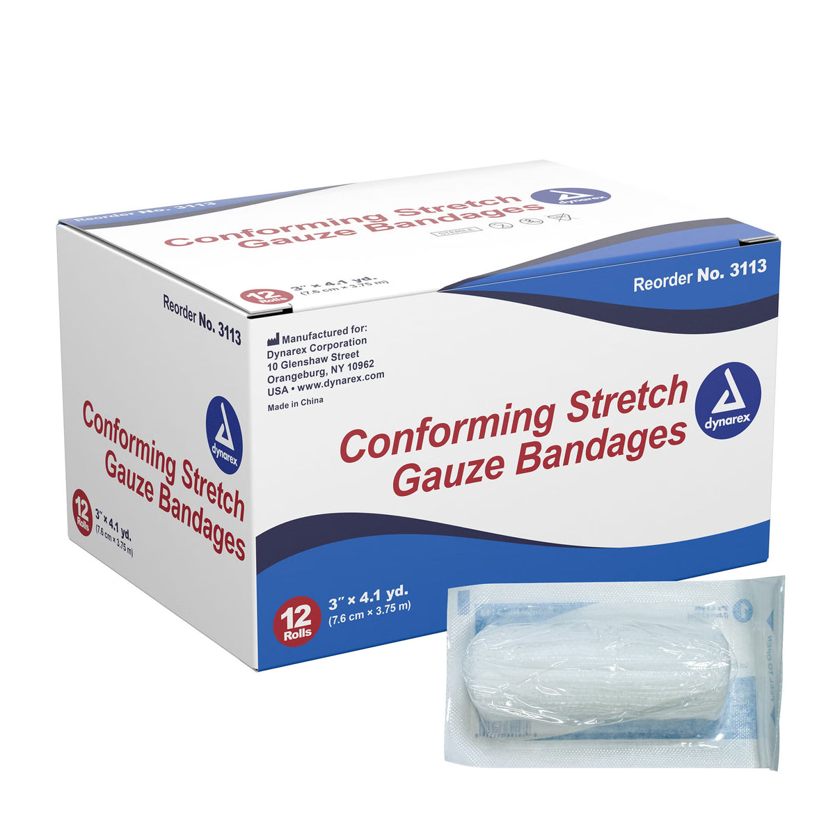 Dynarex® Sterile Conforming Bandage, 3 Inch X 4-1/10 Yard, 96/Cs