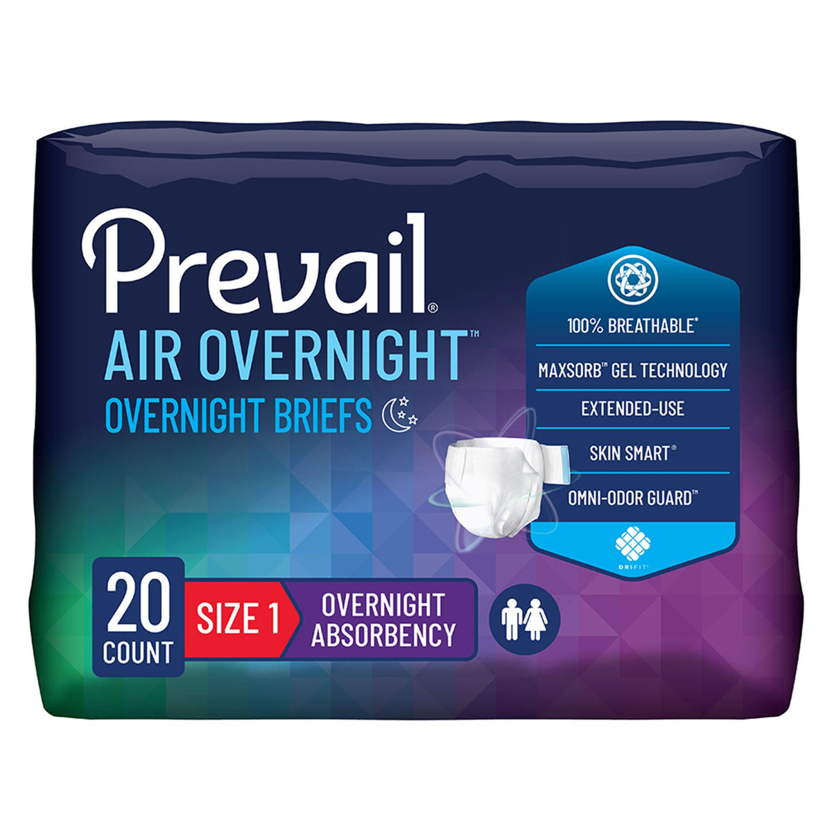 Prevail Air™ Overnight Briefs Overnight Absorbency, Size 1, 20/Pk