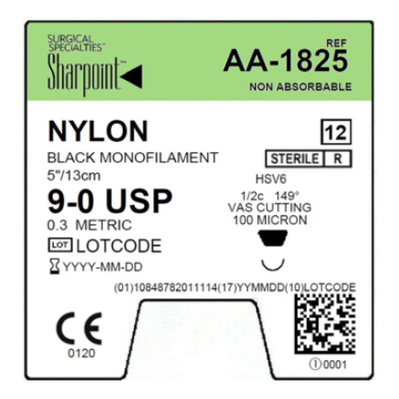 SURGICAL SPECIALTIES SHARPOINT™ MICROSURGERY SUTURES. SUTURE BLK MONO NYLON 9-05/13CM NDL HSV6 12/BX , BOX - BriteSources