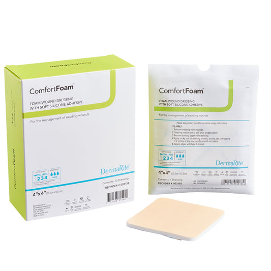 Comfortfoam™ Silicone Adhesive Without Border Silicone Foam Dressing, 4 X 4 Inch, 10/Bx