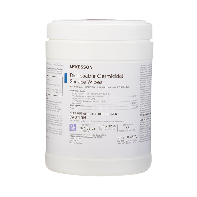 MCKESSON GERMICIDAL EXTRA LARGE SURFACE DISINFECTANT WIPES, CANISTER, SOLD AS 12/CASE MCKESSON 50-66170