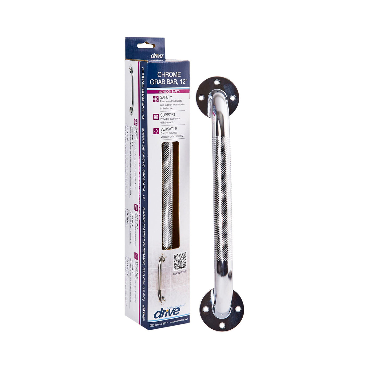 drive™ Chrome Knurled Grab Bar, 12 Inch, 3/BX