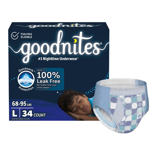 Goodnites® Heavy Absorbency Nighttime Underwear, Large for Boys 68 – 95 lbs., 34/CS