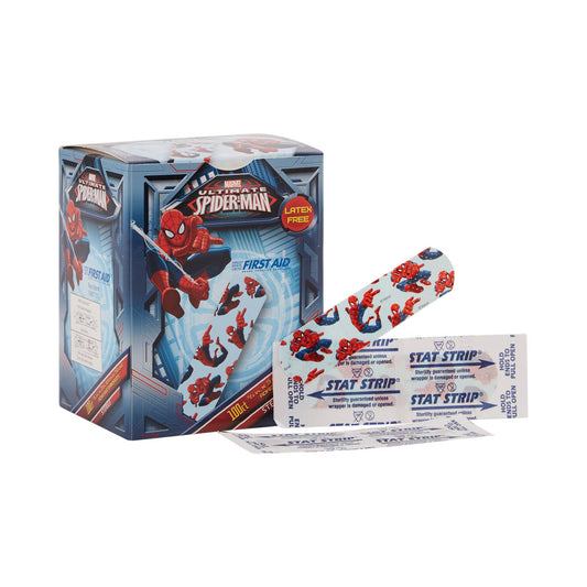 American White Cross Stat Strip Adhesive Strip, 3/4 X 3 Inch, Spider-Man Design, 1200/Cs