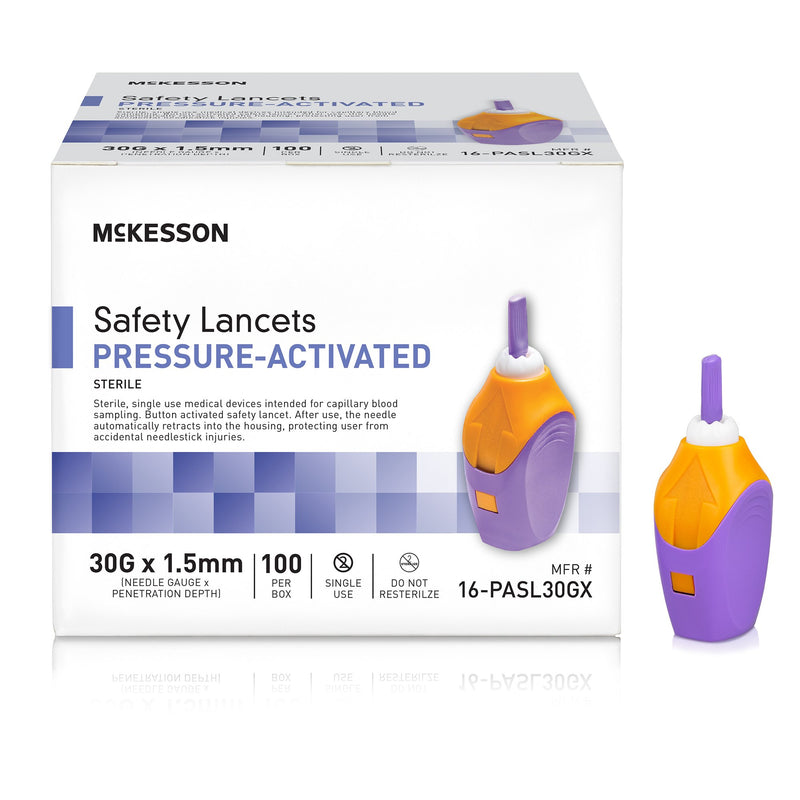 MCKESSON PRESSURE ACTIVATED SAFETY LANCETS, 30 GAUGE, PURPLE, SOLD AS 2000/CASE MCKESSON 16-PASL30GX