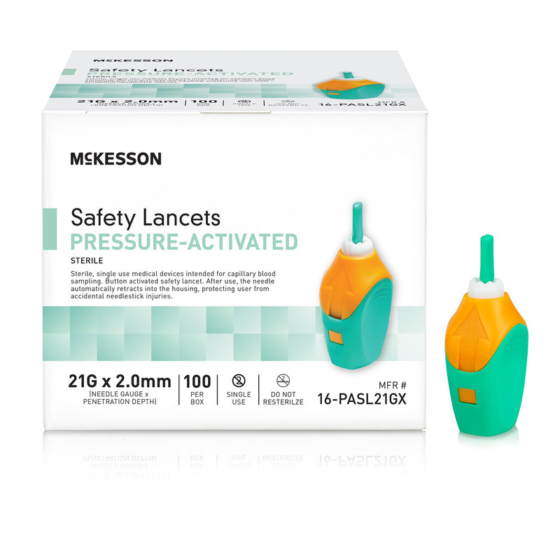 MCKESSON PRESSURE ACTIVATED SAFETY LANCETS, 21 GAUGE, GREEN, SOLD AS 2000/CASE MCKESSON 16-PASL21GX