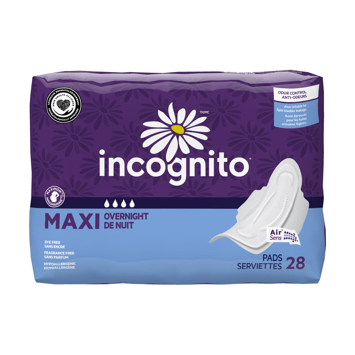 Pad, Maxi Wing Incognito Overnight (28/Pk 4Pk/Cs), 112/Cs