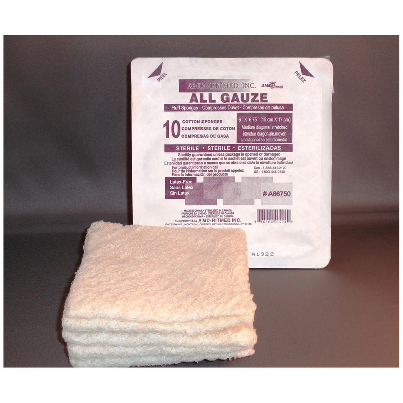 FLUFF SPONGE, 6" X 6¾", STERILE, 5/HARD TRAY, 120 TRAY/CS, SOLD AS CASE AMD-MEDICOM 10000212