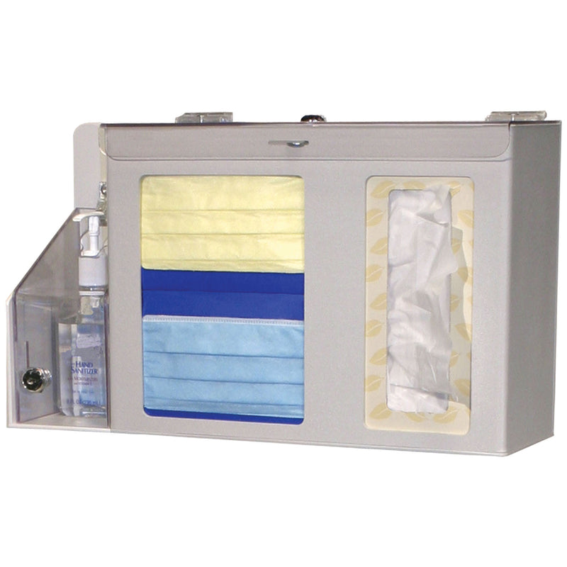 RESPIRATORY HYGIENE STATION, LOCKING, HOLDS TWO BOXES OF FACE MASKS, BOXES OF FACIAL TISSUES & HAND SANITIZER BOTTLE, HINGED LOCKI, SOLD AS EACH MARKE